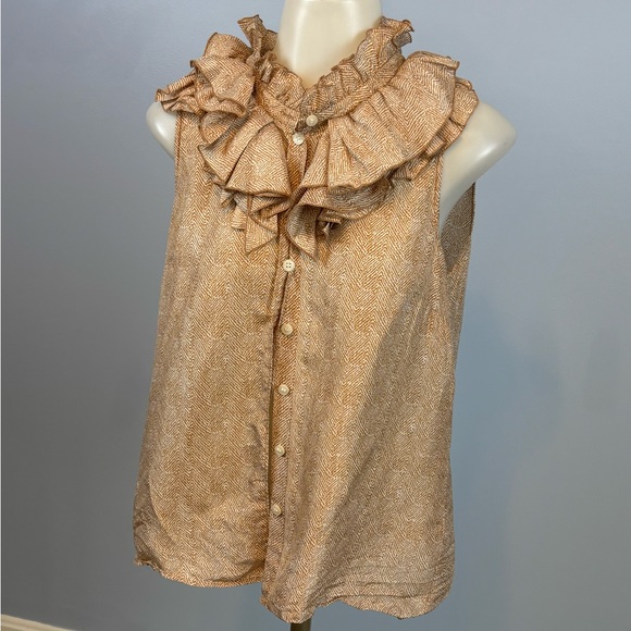 J. Crew Tan Ruffled Buttoned 100% SilkBlouse - Picture 3 of 6